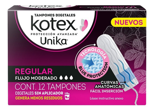 Kotex Tampones Digitales Unika Regular 12 Pz Flujo Moderado