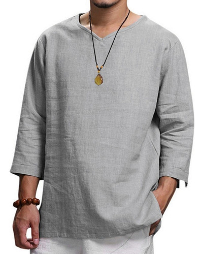 Camisa De Algodón Liso Para Hombre, Camisa Con Cuello En V