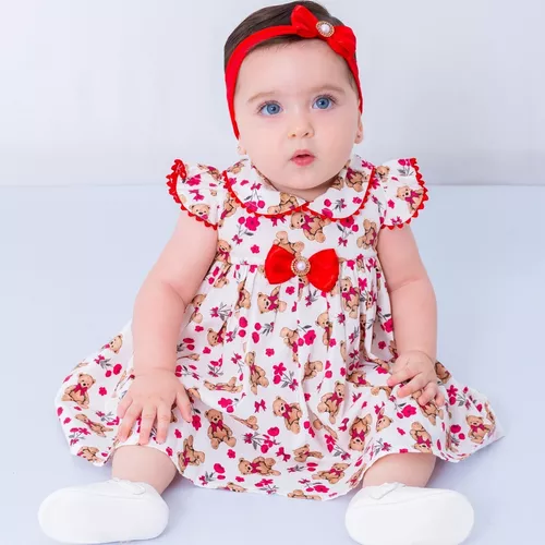 Vestido de Bebê com Tiara 100% Algodão Princesa Vermelho - Mundo