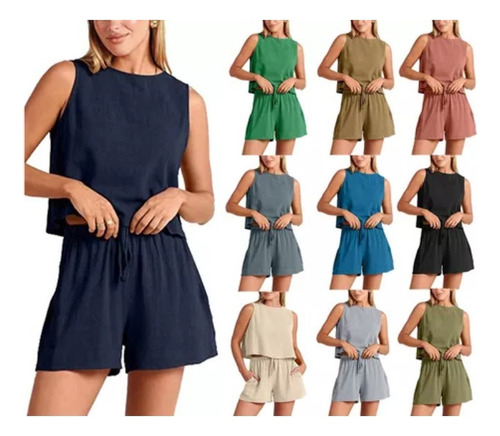 Conjunto De Shorts De Cintura Alta Y Top Ajustado Para Mujer