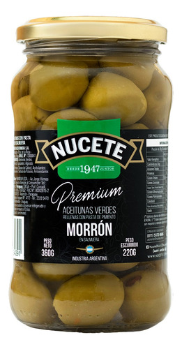 Aceitunas Verdes Premium Rellena Morron Nucete Frasco 360 Gr