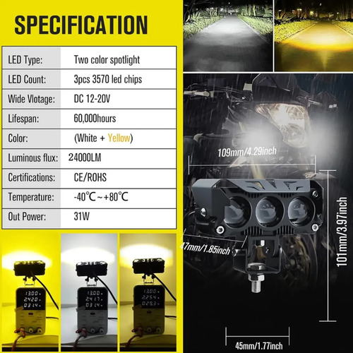 2pzs Faros Auxiliares 3 Modos Doble Color Led Para Auto Moto Negro
