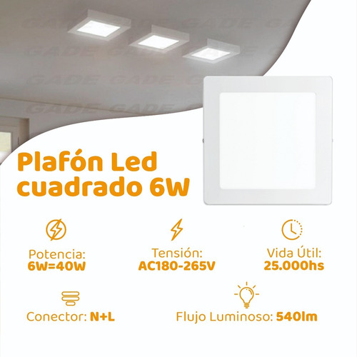 Imagen 2 de 7 de Panel Plafon Led 6w Aplicar Cuadrado