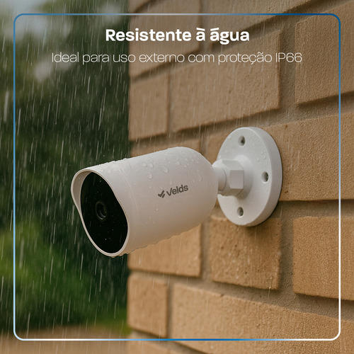 Câmera Inteligente Externa Velds, Wi-Fi, 2K, Resistente à Água IP66, Visão Noturna Infravermelha, Detecção de Movimento, Áudio Bidirecional, Cartão SD até 256GB, Branco