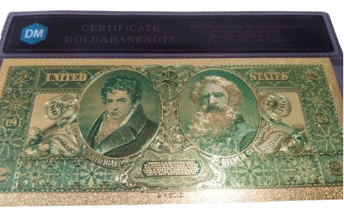 Oro 24k Billete Two Dollar Año 1896 Laminado Oro 24 Kilates