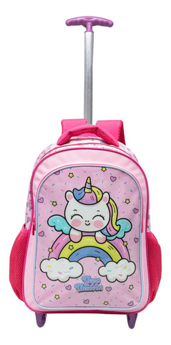 Mochila Rodinha Unicornio Nuvem Infantil Escolar Meninas Cor Rosa
