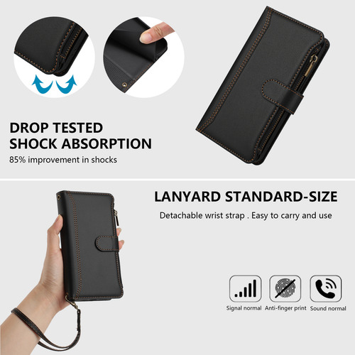 Funda De Piel Para Teléfono Motorola Series A Prueba De Golpes Con Correa Para La Muñeca, Ranuras Para Tarjetas, Soporte De Carga Inalámbrica, Negra