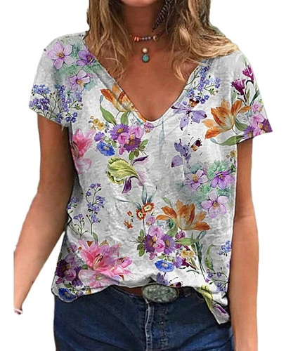 Camiseta Mujer Manga Corta Estampado Paisaje Cuello Pico