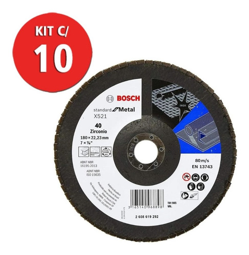 Kit C/ 10 Disco Flap Std For Metal Fa Gr40 180mm Bosch