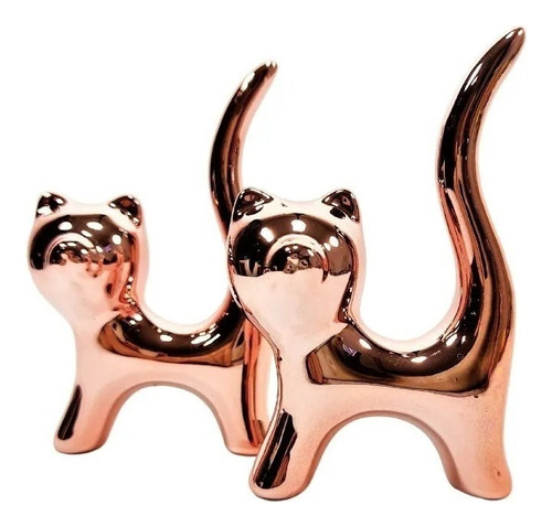 Par De Gatinhos Enfeite Decorativo Cerâmica 02 Unidades Cor Rose Gold