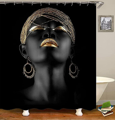 Cortina Ducha Estampado Labio Dorado Para Mujer Negra Baño X