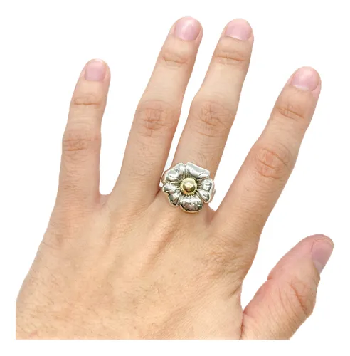 Anillo Flor Pampa Plata Y Oro T17
