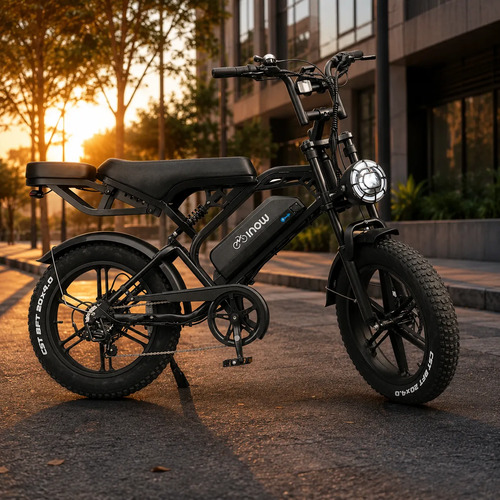 Bicicleta elétrica V20 Brake Pro 1000W estacionada na rua ao pôr do sol