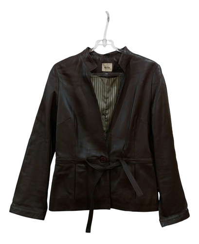Campera 100% Cuero Prüne Marrón Cuello Mao Lazo T.m (Usado)