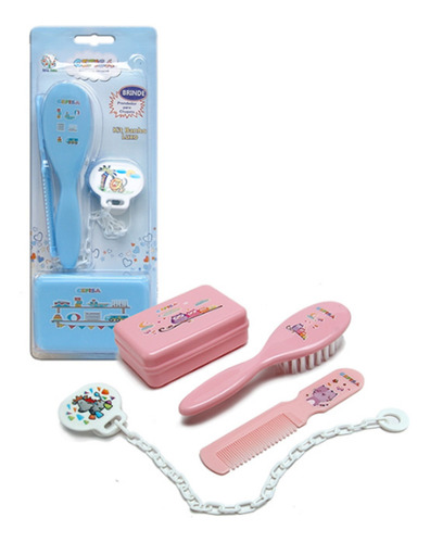 Kit Higiene Pente Escova Cerdas Macias Rosa Ou Azul