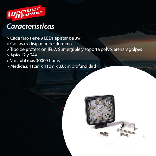 Imagen 2 de 10 de Faro Auxiliar 9 Led Cuadrado 27w Auto Camionta 4x4 C/soporte