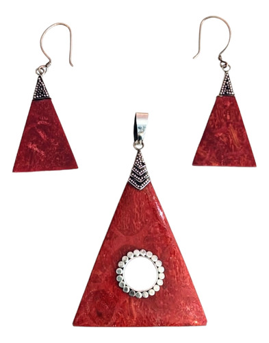 Juego De Dije Y Aretes En Coral Rojo Y Plata 