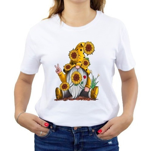 Polera Dama Estampada 100%algodon Diseño Gnomo Girasol 364