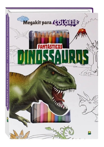 Kit Livro Infantil Colorir Lápis De Cor Desenhos Dinossauro 