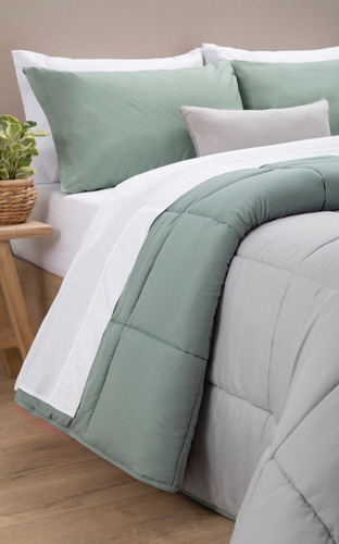 Acolchado Simil Plumon Reversible Alcoyana Croma 2½ Color Verde Claro Diseño De La Tela Lisa