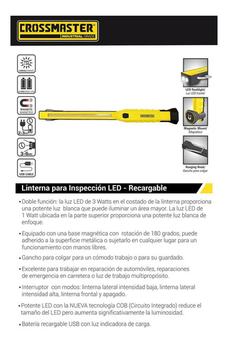 Linterna Inspección Led Recargable 3 W Crossmaster 9932724 Color de la linterna Amarillo Color de la luz Blanco