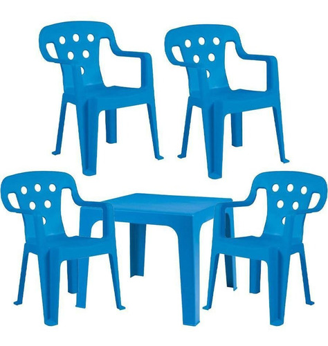 Mesa Plástica Didática Infantil + 4 Cadeira Kids Azul Mor