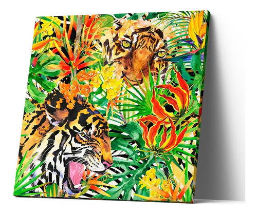 Cuadro Canvas Tigres En La Selva Pintura Flores 40x40 Cm 