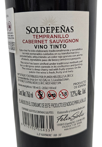 Vino Tinto Sol De Peñas Tempranillo Cabernet Sauvignon 750ml