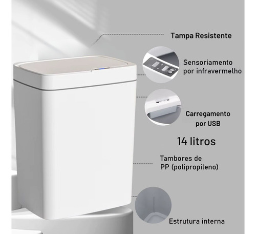 Lixeira Automática Com Sensor Inteligente Usb 14 Litros