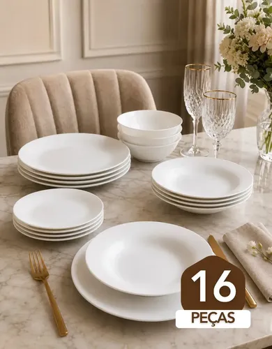 Aparelho ​De Jantar Kit Com 16 Peças em Vidro Branco Jogo Pratos Raso Fundo E Bowl Opalino Mesa Resistente Luxo