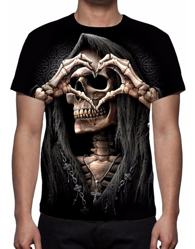 Camisa, Camiseta Caveira Rock Love - Estampa Total