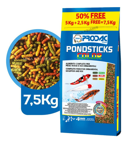 Ração Peixes De Lago Prodac Pondsticks Color 7,5kg Carpas