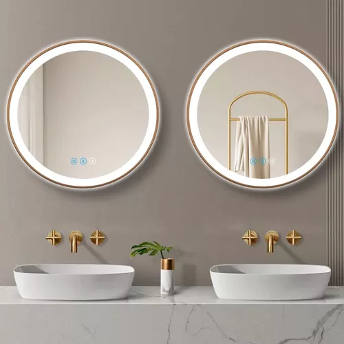 Espejo de baño redondo LED de madera natural de 24 pulgadas con luces,  marco de madera, espejo redondo iluminado para pared de baño, espejos de