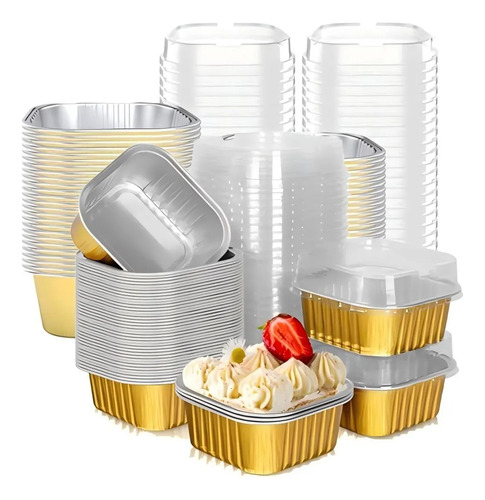 BANNA 50 Molde Aluminio Desechable 300ml Con Tapa, 10 Oz/300ML Moldes Para Tartas, Moldes Cuadrados De Foil Para Tartas De Bodas, Fiestas Y Cumpleaños, 11.2 * 11.2 * 4 cm , Dorado