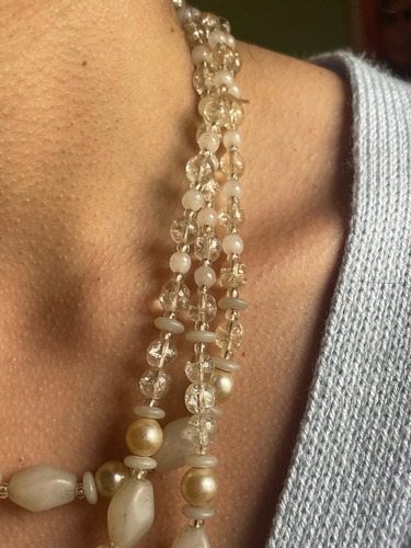 Collar De Perlas De Cristal. Tres Vueltas. Vintage Clásico. Blanco (Usado)