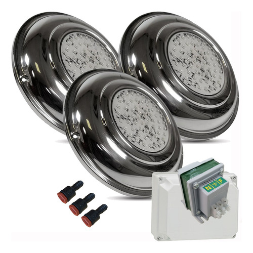 Kit Completo Iluminacion Pileta Hormigon 3 Luces Led 20w Sumergibles Blanca Fria Acero Inoxidable De 23cm Con Transformador Caja Y Pasamuros Listo Para Instalar