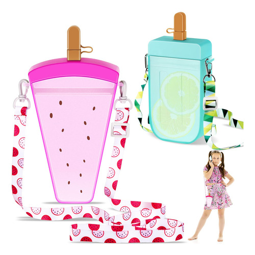 2 Botella Agua Creativa Popote Helado Sandia Correa Kawaii