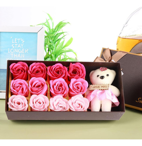 Caja De Para Novia O Mamá Con Oso Y Rosas Aromáticas Color Rosa