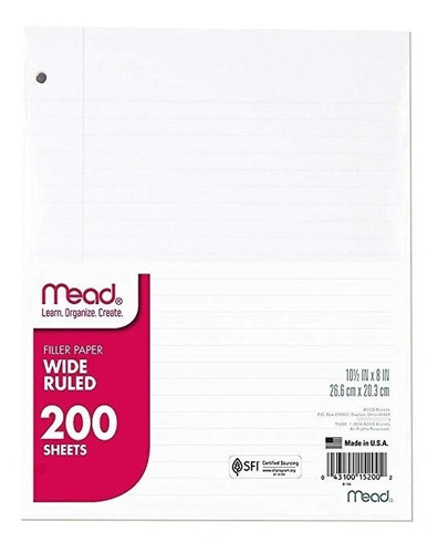 Papel Mead Loose Leaf, Paper Filler, Renglón Ancho, 200 Hoja