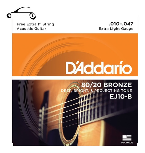 Cordas Violão Aço Ej10-b 010 Ex. Light Daddario 80/20 Bronze