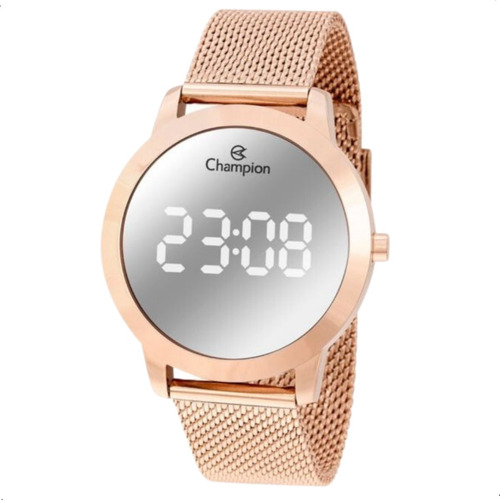 Relógio De Pulso Champion Ch40106p Com Corpo Ouro Rosa, Digital, Para Feminino, Fundo Prateado, Com Correia De Aço Ouro Rosa, Subdials Branco, Ponteiro De Minutos Branco, Bisel Ouro Rosa