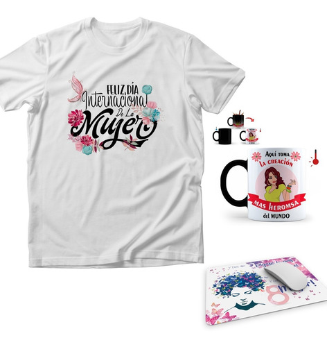 Combo Playera Día De La Mujer + Taza Mágica + Mouse Pad