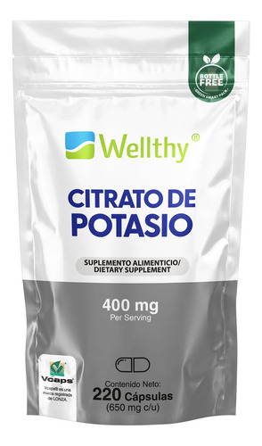 Wellthy Citrato De Potasio 400mg, 220caps Sin sabor