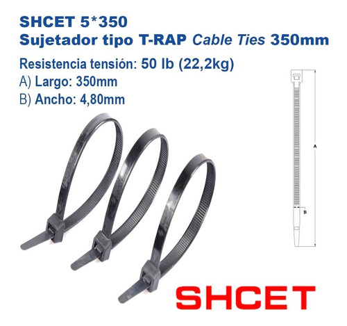 Imagen 1 de 4 de Shcet 5*350 Sujetador Tie Wrap Cable Ties 350mm 50lb 100und