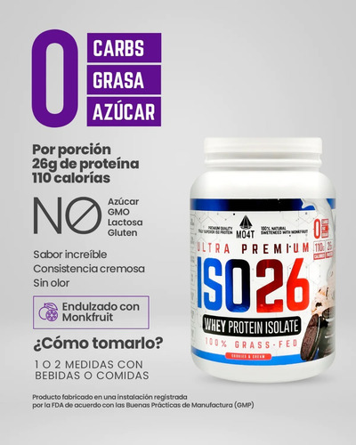 Imagen 4 de 7 de Proteína Iso26 Isolatada 1.6lbs Cookies & Cream Mo4t