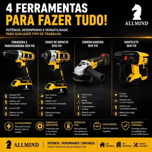 Kit Ferramentas Brushless Allmind 4 em 1 Com Parafusadeira