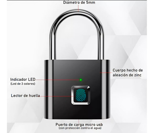 Candado Digital Acero Huella Tactil Usb Resistente Agua Color Negro
