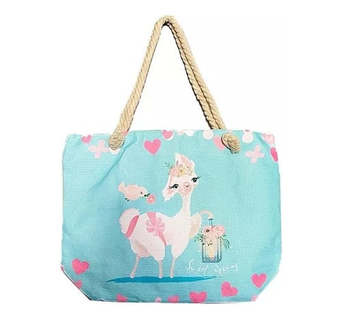 Bolso Playa Mujer Verano Llama Corazones Celeste 