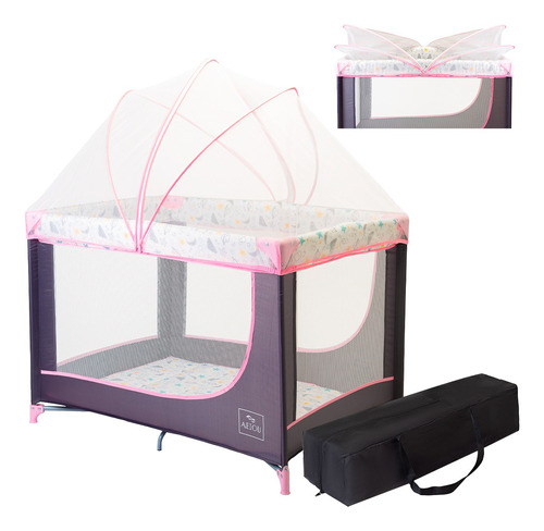 Cuna Corral Viajero Para Bebé Aeiou Bc001 Con Mosquitero Color Rosa Estrellas