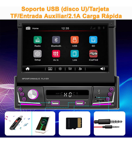 Autoestéreo Táctil Retráctil De Pantalla 7 Pulgadas Mirrorlink Bluetooth Usb Audio Vehiculos Estereo Para Autos 1 Din Cámara Negro 9606